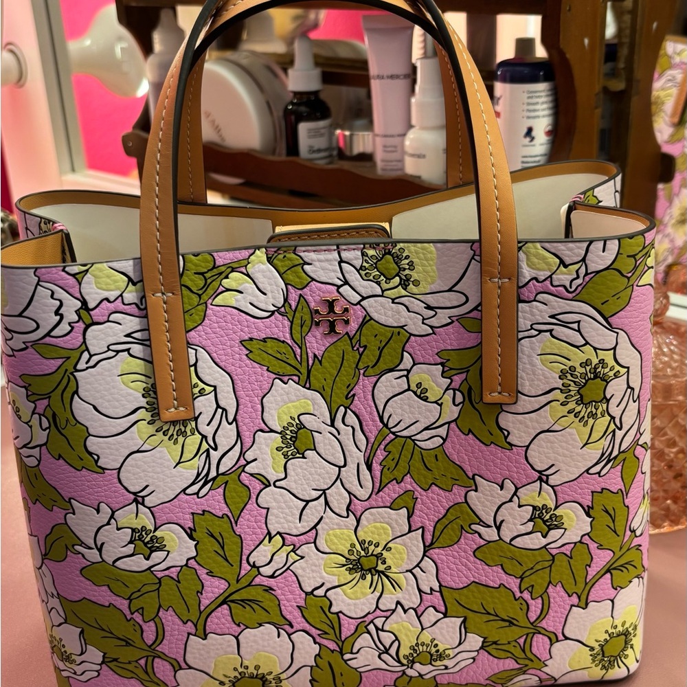 Tory Burch Pink and Green Floral Tote